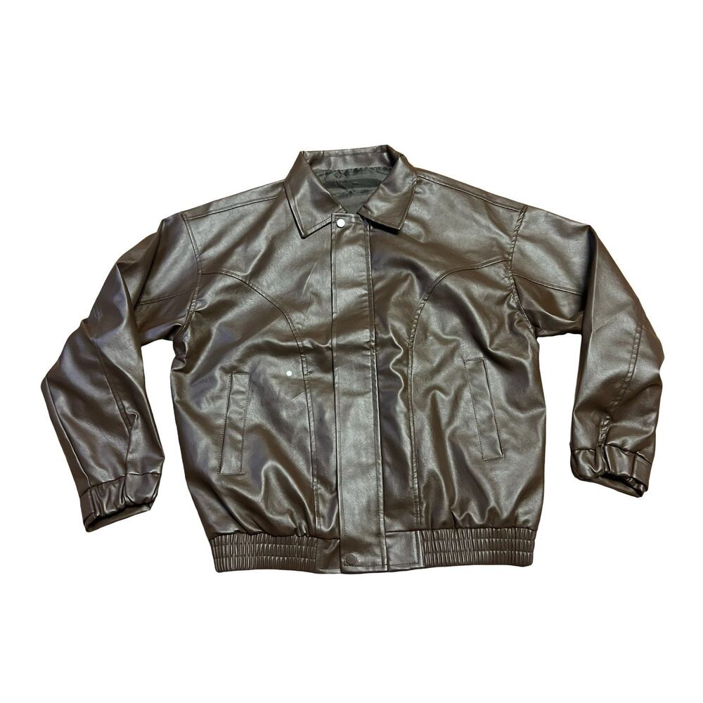 Mens Faux Leather Bomber Jacket Size L Brown Full Zip Lined Pockets Coat
